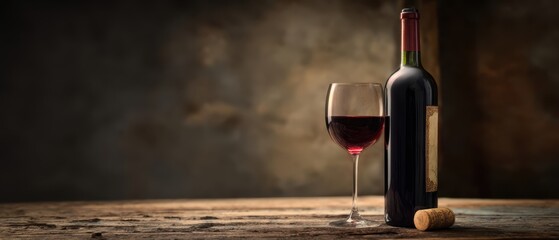 The Wine Bottle and Glass of Red Wine on Rustic Wooden Table