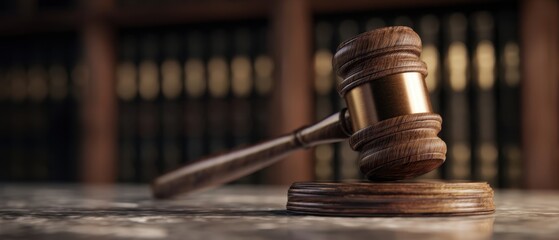The gavel resting on a polished desk symbolizing justice with blurred law books