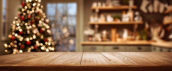 The wooden table in festive living room with blurred Christmas tree and bokeh lights