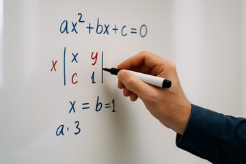 Close-up of hand writing algebraic and matrix math equations on a whiteboard with marker in classroom setting for education and science concept.. Ai generative