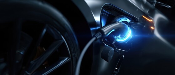 The Electric Car Charging Port Illuminated by Blue LED Light at Night