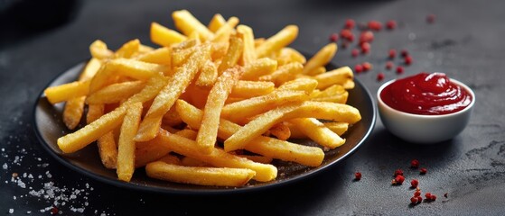 The French Fries Platter with Ketchup on Dark Rustic Slate Tabletop Background