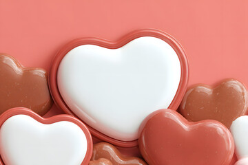 Valentine chocolate heart frame in red brown and white tones with simple romantic 3d background