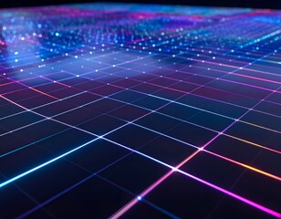 Abstract data landscape, neon grid, digital wave, perspective, and bokeh
