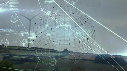 Animation of data processing and network of connections over electricity pylons - Powered by Adobe