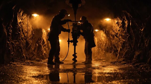 Silhouetted Miners Operating Heavy Drill in Dark Underground Tunnel