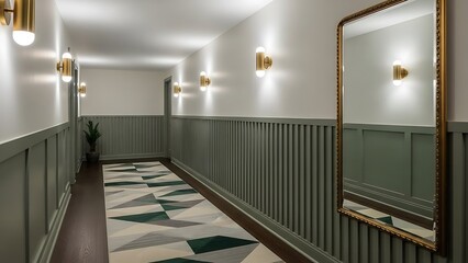Modern Hallway with Geometric Carpet and Gold Wall Sconces interior corridor