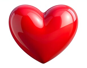 A glossy, red heart shape, three-dimensional, on a white background