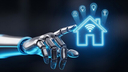 Robot Hand Interacting with Smart Home Icon Network technology artificial intelligence