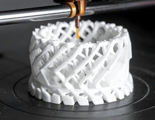 3D printer building intricate white lattice structure, detailed close-up