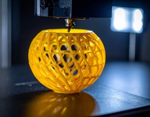 A 3D printer nozzle creating a yellow, latticed spherical object