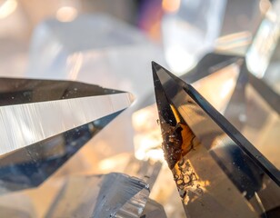 Close-up of crystal formations with sharp edges and faceted surfaces