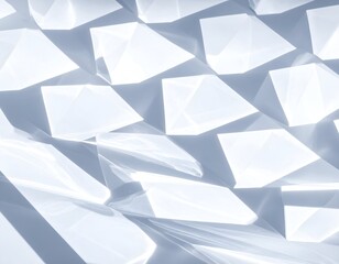 Abstract arrangement of white, faceted, triangular shapes with strong light and shadow