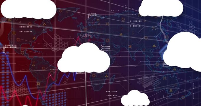 Animation of clouds with icons over data processing and world map on black background