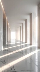 Long, white corridor with pillars, bright light at the end