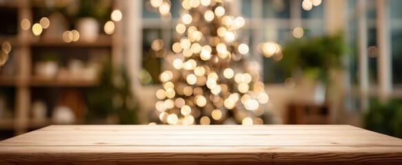 The Wooden Table in Front of a Festive Blurred Christmas Tree Lights Background