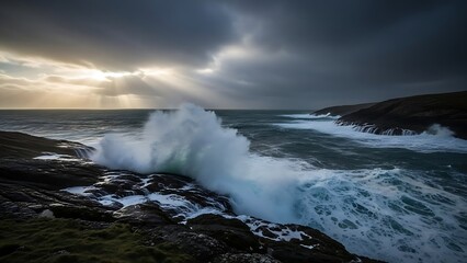 Fototapeta premium Powerful stormy waves crash against the coastal rocks under a dark sky as the nature of the ocean reveals its strength in a dramatic sea landscape