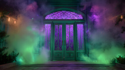 emerald city french doors with purple and green neon light flowing out