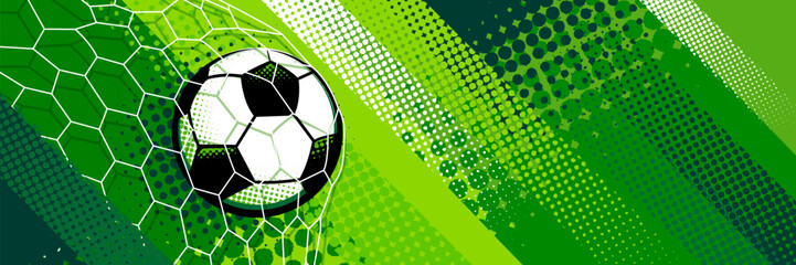 Modern soccer banner background featuring a football with dynamic abstract shapes, halftone textures