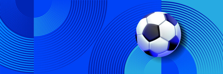 Modern soccer banner background featuring a football with dynamic abstract shapes, halftone textures