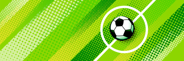 Modern soccer banner background featuring a football with dynamic abstract shapes, halftone textures