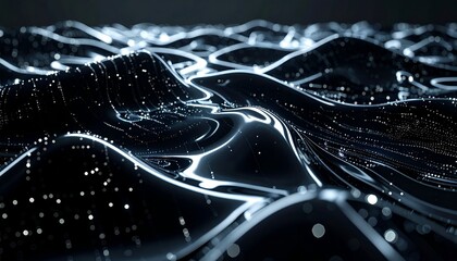 Abstract, flowing, dark surface with glowing lines and points