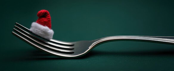 The Fork Wearing a Tiny Santa Hat on a Green Background