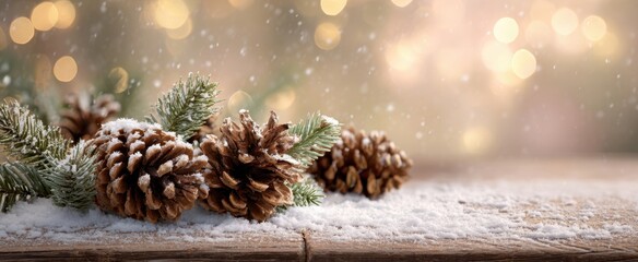 The Pinecones on Frosted Wooden Table with Evergreen Sprigs and Festive Lights