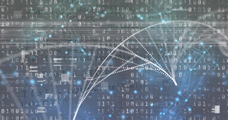 Animation of glitch technique over connected dots forming dna helix, bars against binary codes