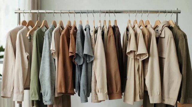 A clothing rack filled with various neutral-toned garments including shirts, blouses, and light jackets on wooden hangers, showcasing a minimalist fashion collection.