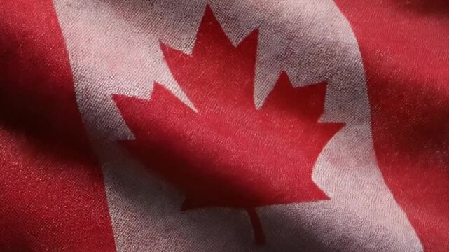 A vibrant red and white fabric banner, featuring a prominent, stylized red leaf emblem, gently waves and ripples in a subtle breeze. The detailed texture of the cloth is visible, adding depth and auth