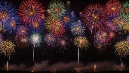 Colorful fireworks filling night sky with multi colored bursts for grand celebration event showing various shades of red yellow green and blue during festive holiday gathering with dense smoke