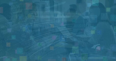 Animation of data processing with globe and binary coding over diverse business people - Powered by Adobe