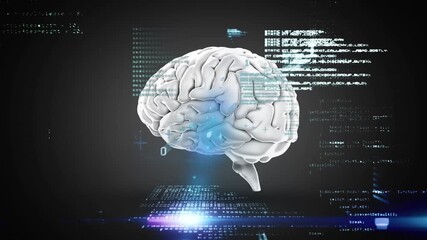 A digital animation of a brain spinning on a black background