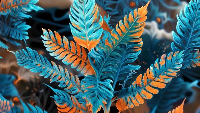 Vibrant fern leaves in shades of blue and orange against a dark, abstract background.