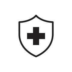 Obraz premium Black outline shield with a black plus symbol inside on a white background protection