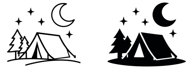 Line art and silhouette camping scene set featuring a tent, pine trees, crescent moon, and stars for outdoor adventure and travel designs
