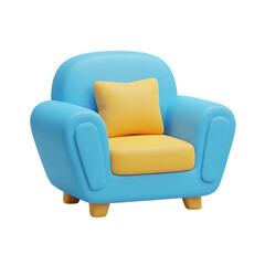 A blue armchair with a yellow cushion and pillow on transparent background