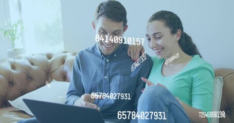 Animation of numbers changing over caucasian couple using laptop - Powered by Adobe