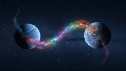 Cosmic Connection Between Two Planets Space Galaxy Universe. Concept featuring space, planets, cosmic, galaxy, universe.