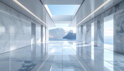 Marble hallway opens to scenic vista, featuring mountains, sky, water