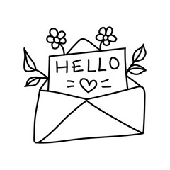 Single hand drawn letter with a leaf decorated with flowers and leaves. Doodle vector illustration. Isolated on a white background. Hello card