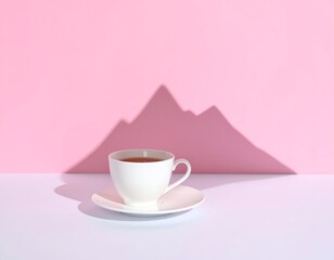 Teacup with tea on a saucer, silhouetted mountains in the background