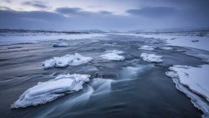 Obraz premium Serene Winter River with Ice Floes Snow Landscape Nature. Concept featuring winter, river, ice floes, snow, landscape.