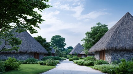 Scenic pathway leads through lush greenery and traditional thatched-roof cottages, creating a tranquil atmosphere in a serene natural environment with vibrant foliage