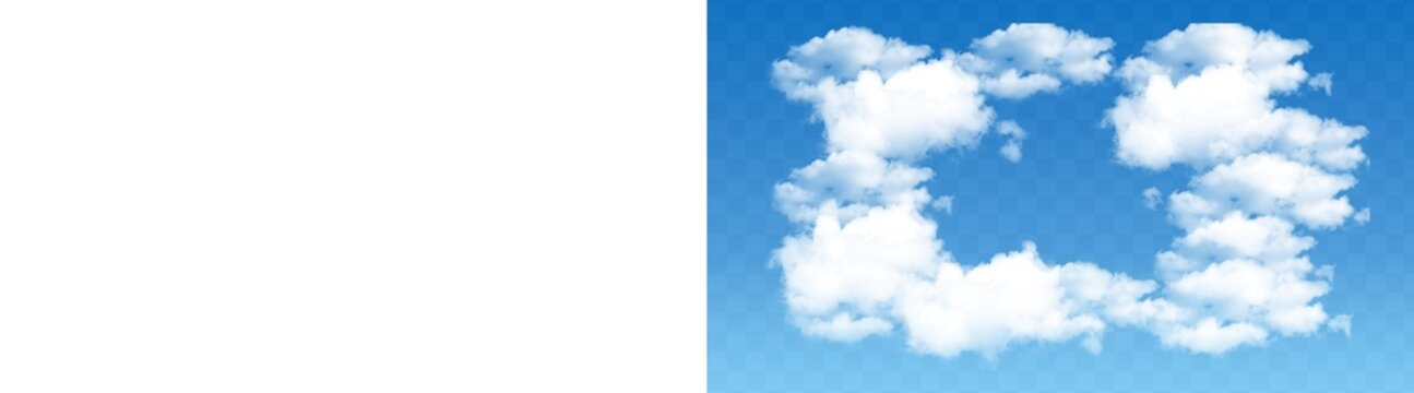 Realistic transparent cloud frame, white fluffy cumulus clouds forming a square border for design projects and photo overlays