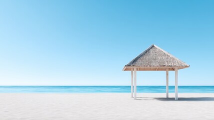 Fototapeta premium Tranquil beach scene featuring a thatched gazebo on white sand, with a serene ocean view and clear blue sky, evoking relaxation and peacefulness in a tropical paradise