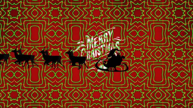 Animation of kaleidoscopic patterns over santa claus in sleigh and merry christmas text banner