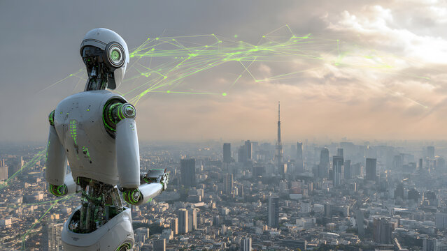 AI-powered robot scanning city skyline