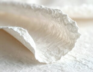 Textured, curled, off-white handmade paper. Close-up highlights its details
